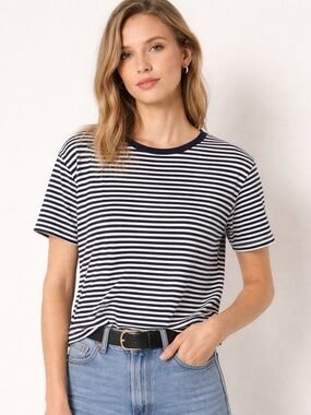 Sandro Paris Breton Striped Cotton T-Shirt (Navy/White) Medium